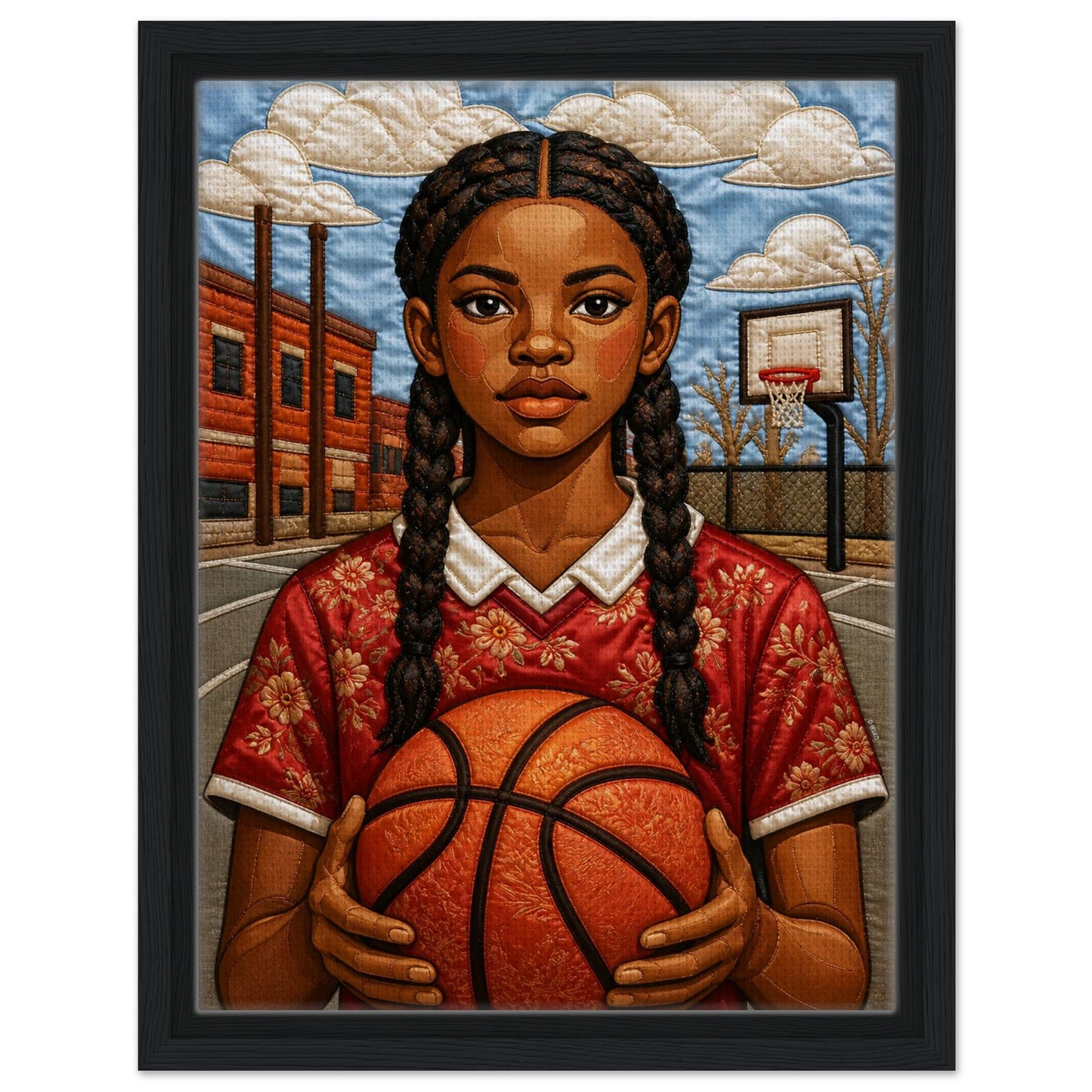 Museum-quality matte poster of quilt-inspired Black girl basketball