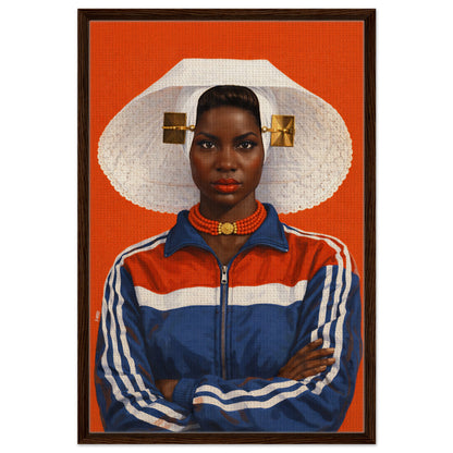 Framed canvas wall art portrait of a Black woman in a white Zeeland bonnet with coral beads and a dark wood frame