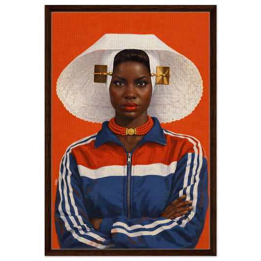 Framed canvas wall art portrait of a Black woman in a white Zeeland bonnet with coral beads and a dark wood frame
