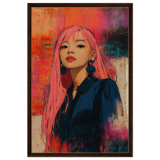 Pink power pop art portrait on framed canvas with black wood frame and textured mixed-media detail.