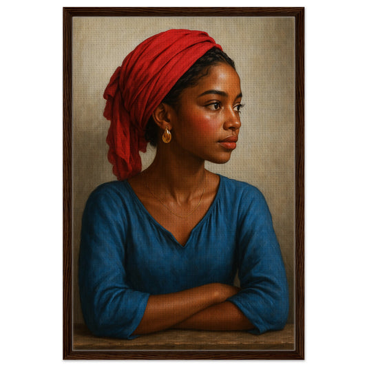 Afrocentric Caribbean gaze framed canvas portrait in dark wood frame, woman with red headwrap, blue top, gold jewelry