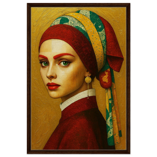 The Emerald Gaze framed canvas portrait, gallery-ready, green-eyed woman with headscarf on gold background in dark wood frame