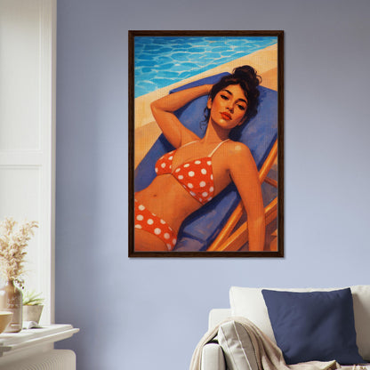 Poolside Muse Retro-Illustrative Framed Canvas - Pin-Up Style