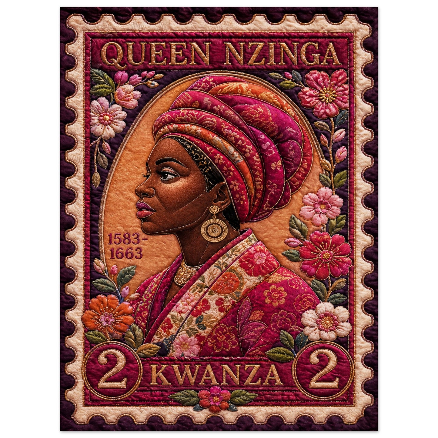 Queen Nzinga Quilt-Inspired Matte Paper Poster in Bisa Butler Style