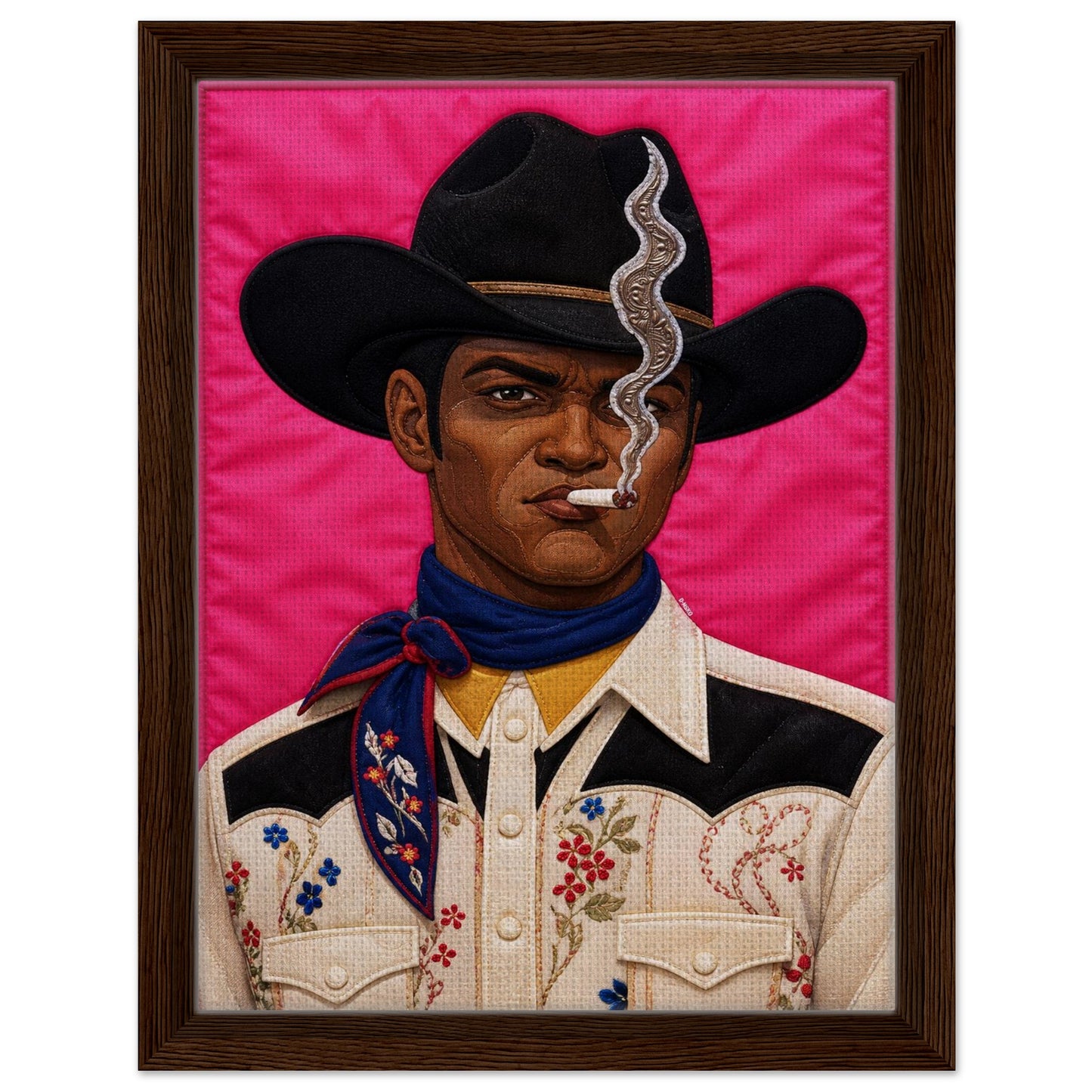 Pink Outlaw Cowboy Framed Canvas Quilt-Inspired Western Portrait