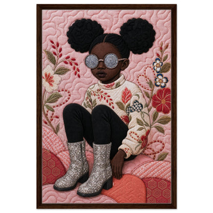 Black girl portrait art print poster with quilt-inspired florals and glitter sunglasses on pink, museum-quality matte paper