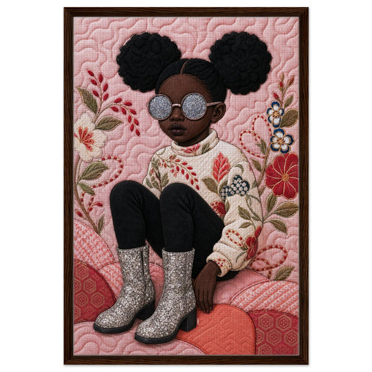 Black girl portrait art print poster with quilt-inspired florals and glitter sunglasses on pink, museum-quality matte paper