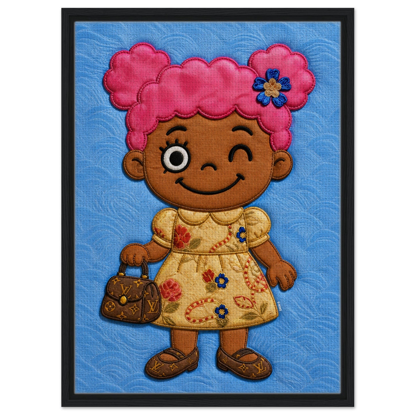Pink Pigtails Framed Canvas Quilted-Style Kawaii-Style - Pop Art