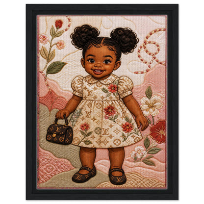 Little Luxe Black Girl Framed Canvas Quilted-Style Textile-Inspired