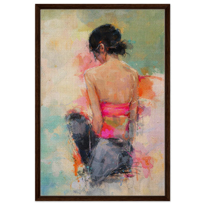 Impressionist woman framed canvas print, pastel-textured vertical portrait in dark wood frame