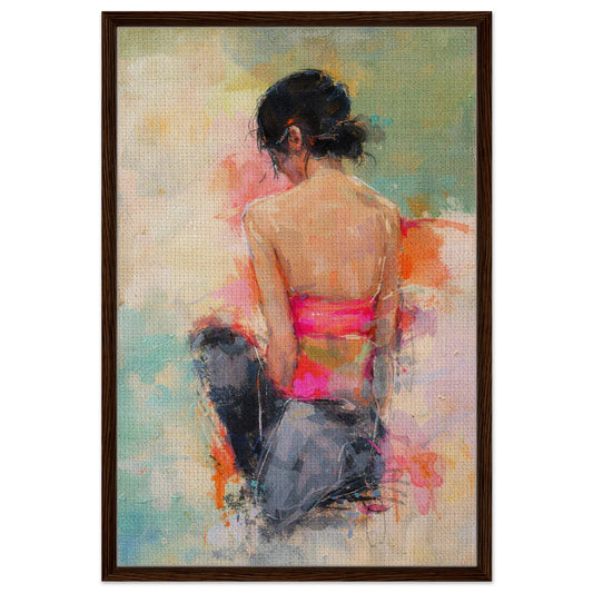 Impressionist woman framed canvas print, pastel-textured vertical portrait in dark wood frame