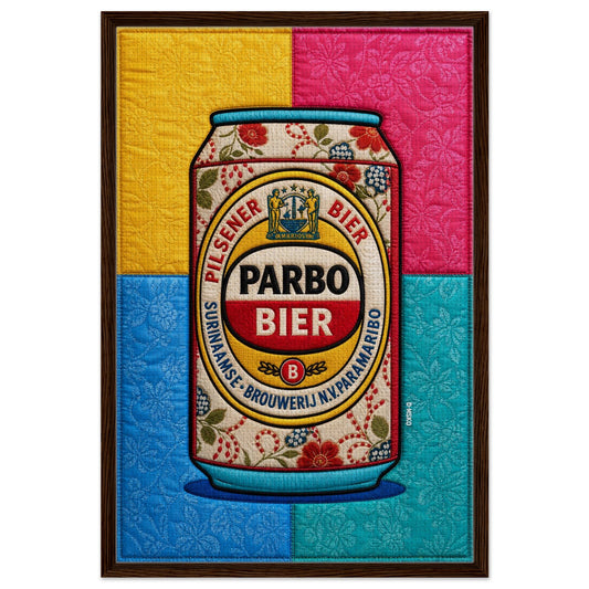 Framed canvas pop art of Parbo beer can with quilted texture, colorful blocks, and floral pattern in a wood frame.