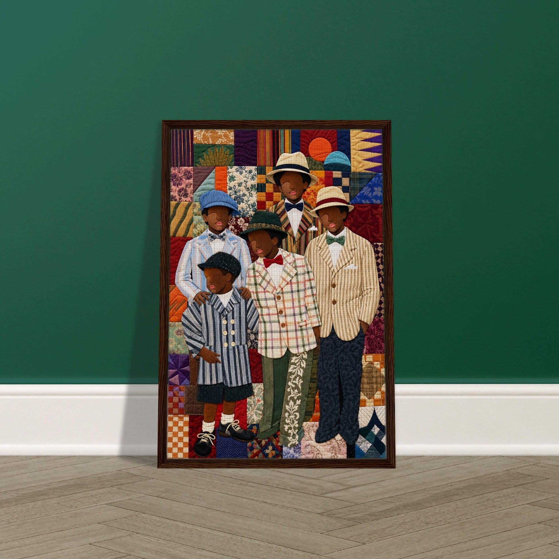 Framed Canvas, Dapper Brothers Black Boys Wall Art, Quilted-Style Vintage canvas