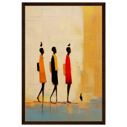 African Steps, Feathered Souls framed canvas art with three elongated figures and birds in warm yellow, orange, and red