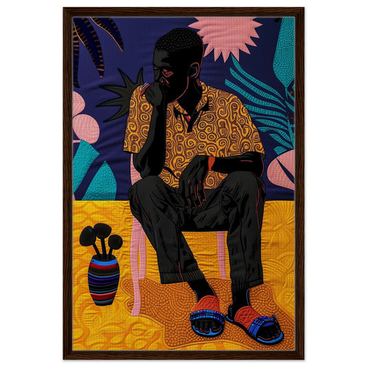 Framed canvas art of a seated Black man with textile-inspired patterns in vibrant colors, dark wood frame, for living room wa
