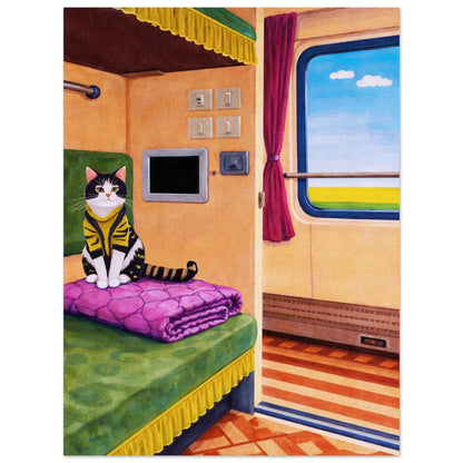 Cat on Train Matte Paper Poster Pop-Art - Mid-Century Travel