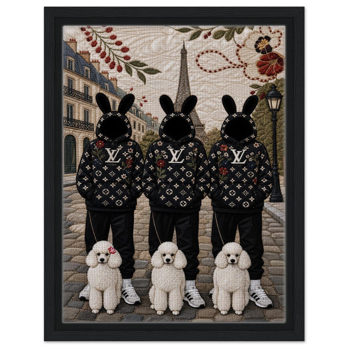 Framed Canvas, Paris Bunny Poodle Crew Quilt-Inspired - Pop Art Style