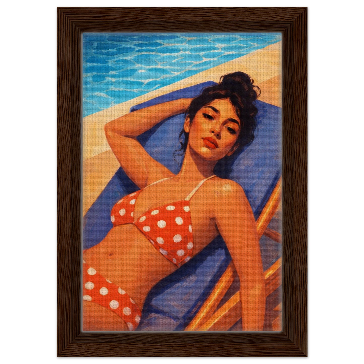 Poolside Muse Retro-Illustrative Framed Canvas - Pin-Up Style
