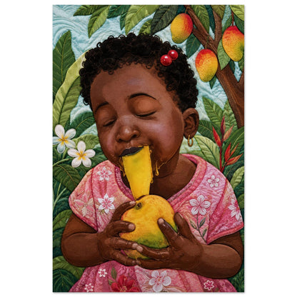 Joyful, quilt-inspired portrait of a child savoring a mango amid tropical botanicals, museum-quality matte poster print