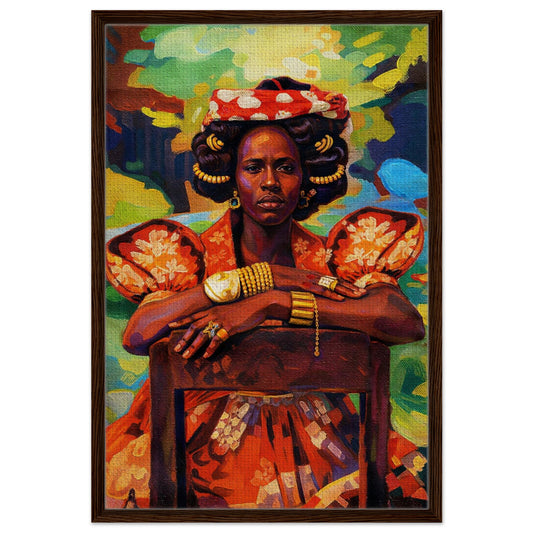 Still Empress Afrocentric framed canvas portrait in Fauvism-inspired colors, floral headwrap, gold jewelry, dark wood frame.