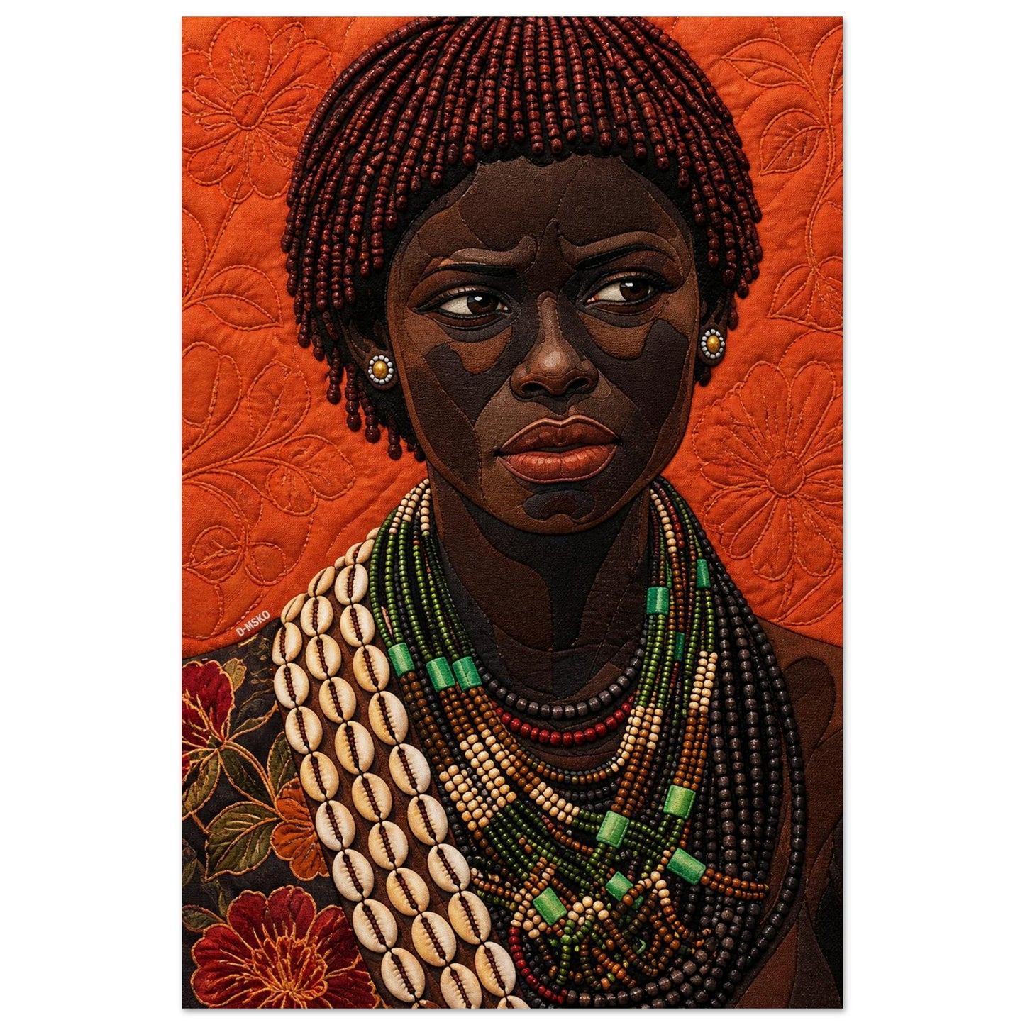 African woman beaded wall poster featuring a beaded hairstyle and cowrie-shell necklace on orange quilt-inspired background