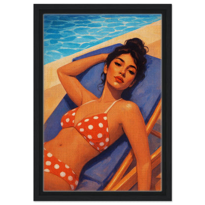 Poolside Muse Retro-Illustrative Framed Canvas - Pin-Up Style