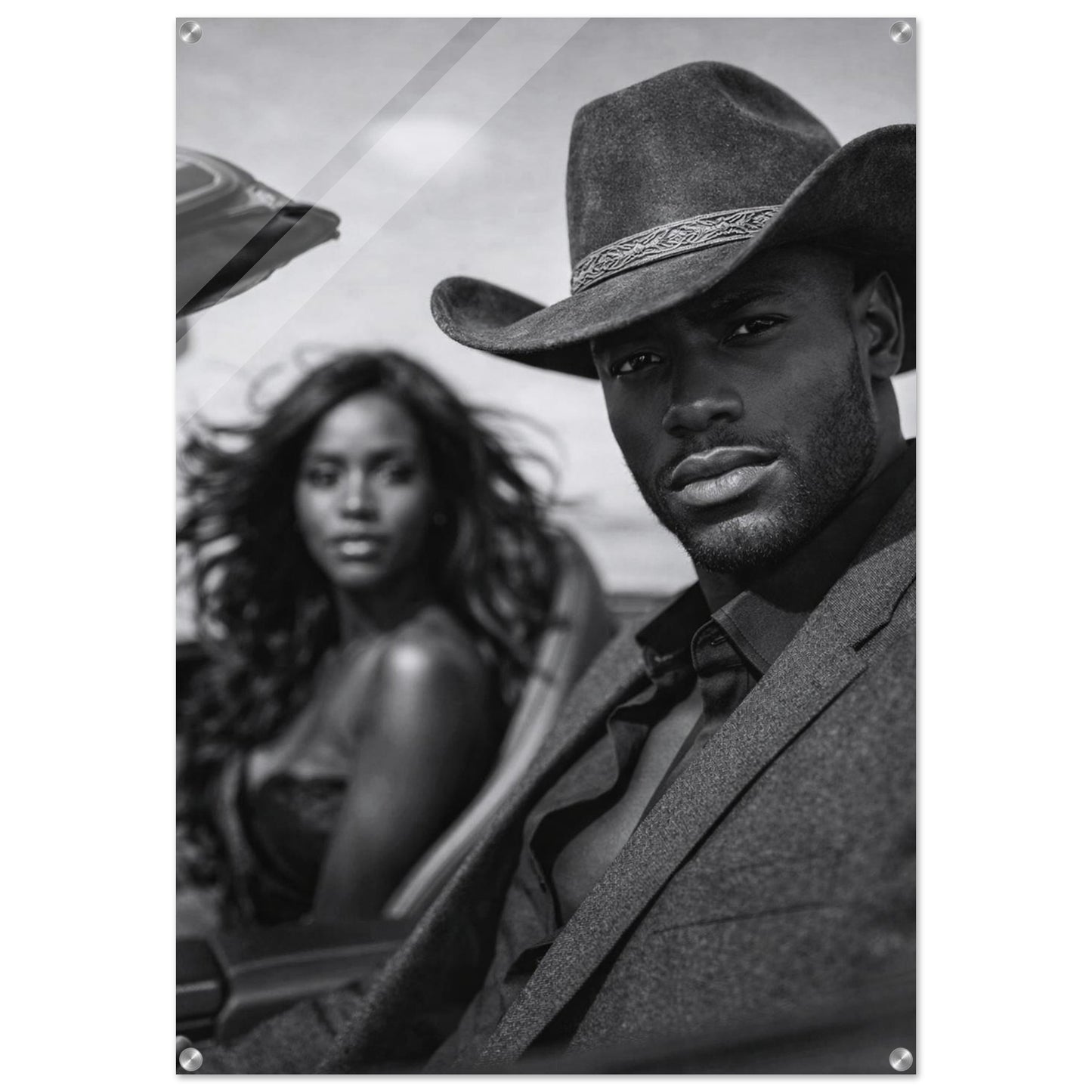 Black and white acrylic print of a Black cowboy in film-noir lighting, vertical, glossy face-mounted with metal standoffs