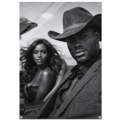 Black and white acrylic print of a Black cowboy in film-noir lighting, vertical, glossy face-mounted with metal standoffs