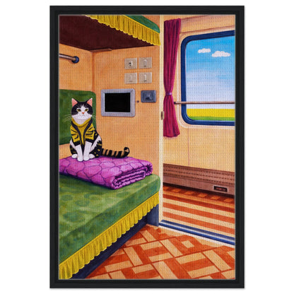 Cat on Train Framed Canvas Retro-Whimsical - Mid-Century Style