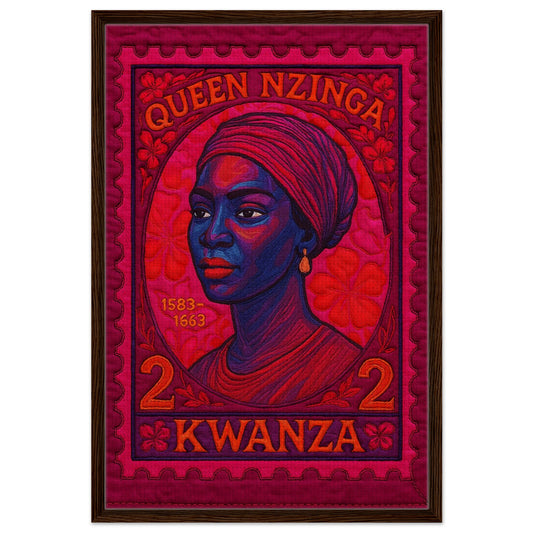 Royal memory quilt-inspired Afrocentric framed canvas of Queen Nzinga portrait with magenta and purple hues, wood frame.