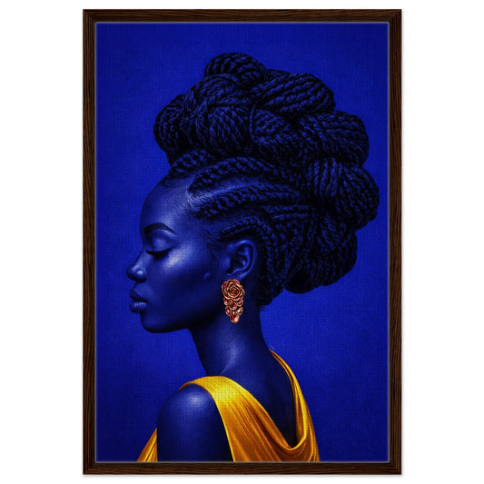 Afrocentric minimalist blue and gold side-profile portrait on framed canvas; clean form, braided updo, wood frame