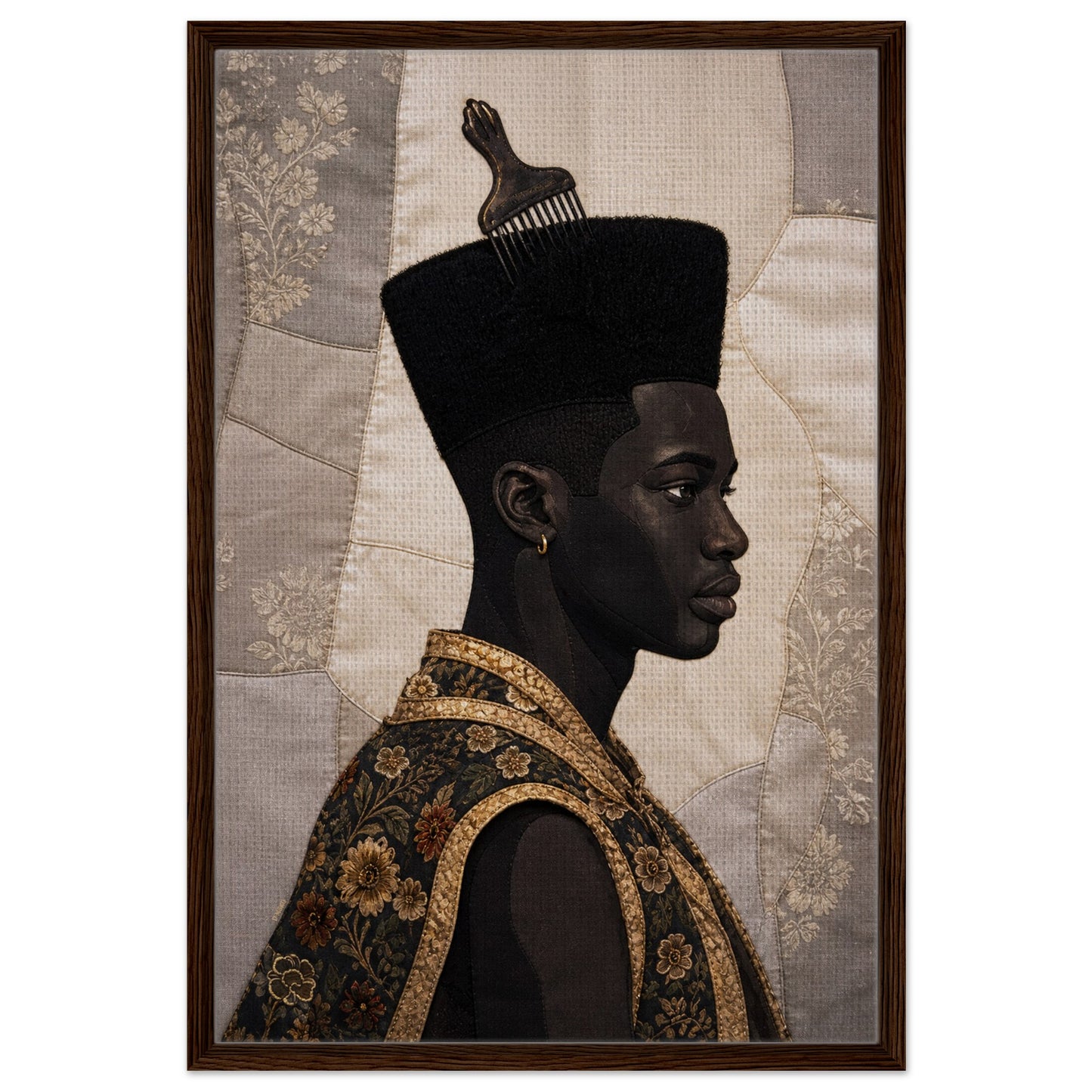 Framed portrait of a Black man in profile with hair pick, quilt-inspired collage on matte paper in a brown wood frame.