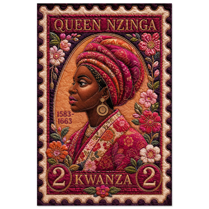 African queen Nzinga quilt-inspired matte paper poster with floral borders and stitched patterns, vertical unframed wall art.