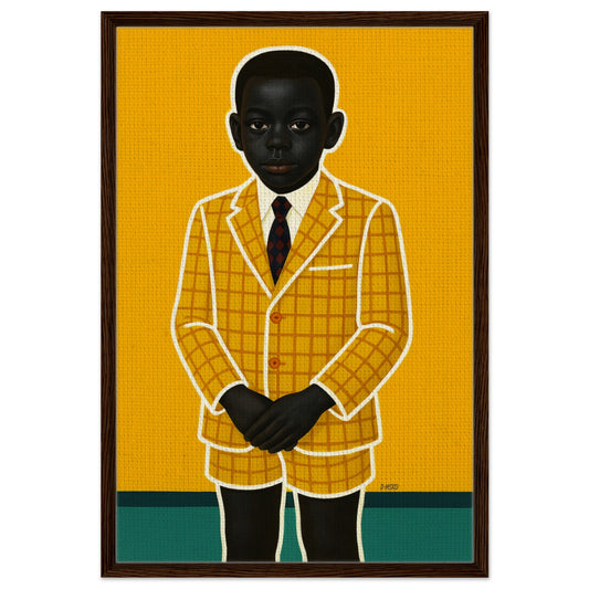 Early Elegance Becoming framed canvas portrait, youth in yellow plaid suit, wood frame, mustard and turquoise
