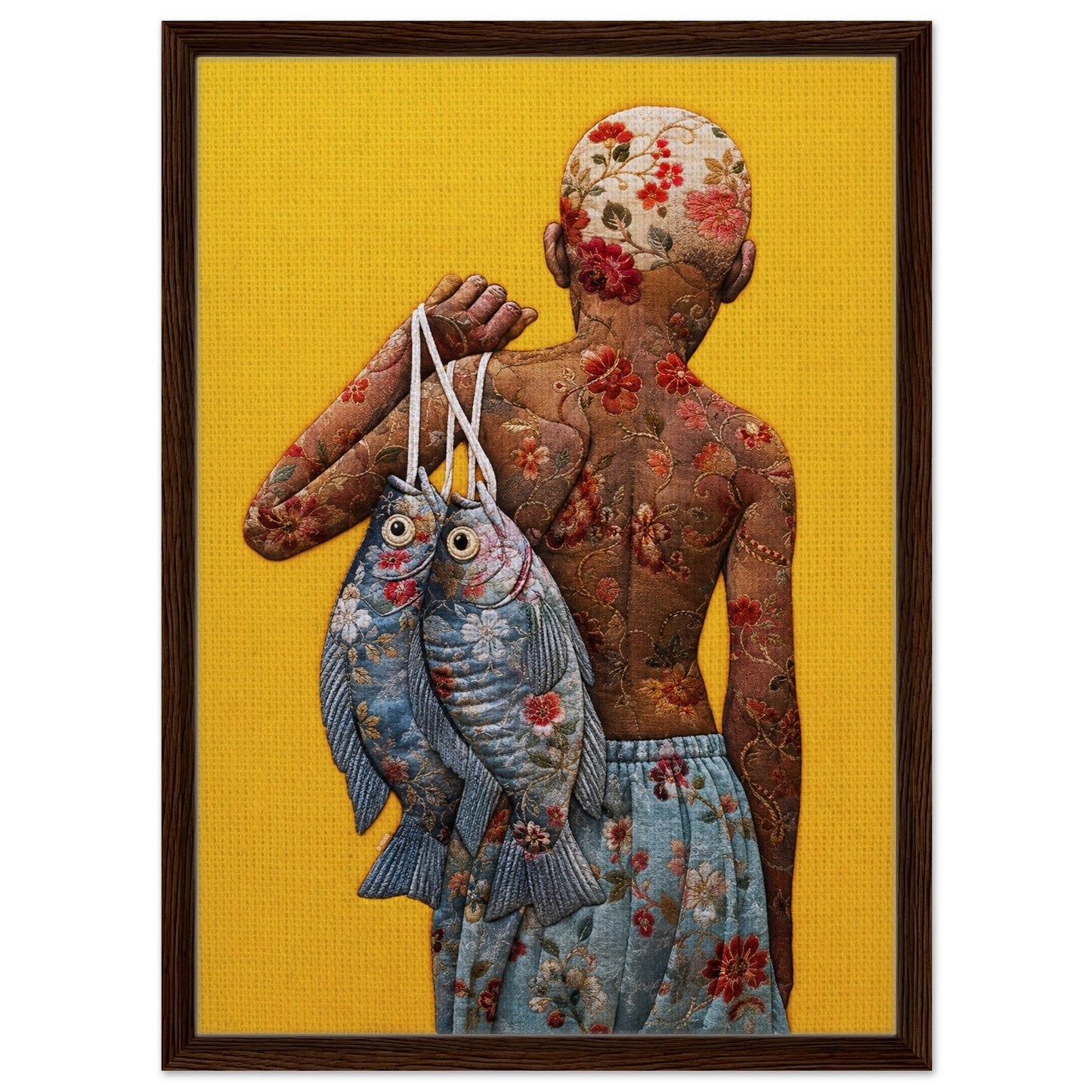 Golden Catch Framed Canvas Quilt-Inspired Folk-Art
