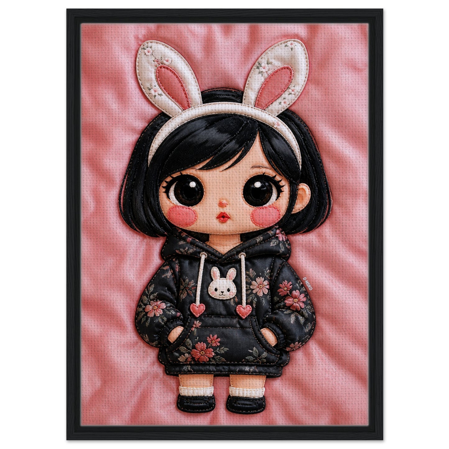 Bunny Bloom Kawaii Quilted-Style Framed Canvas