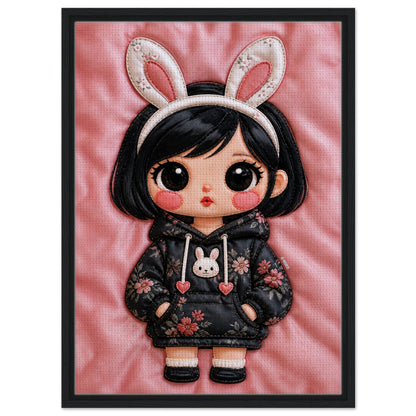 Bunny Bloom Kawaii Quilted-Style Framed Canvas