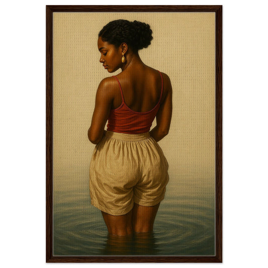 Framed canvas of a woman waist-deep in water, summer stillness and sunlight, dark wood frame, textured.