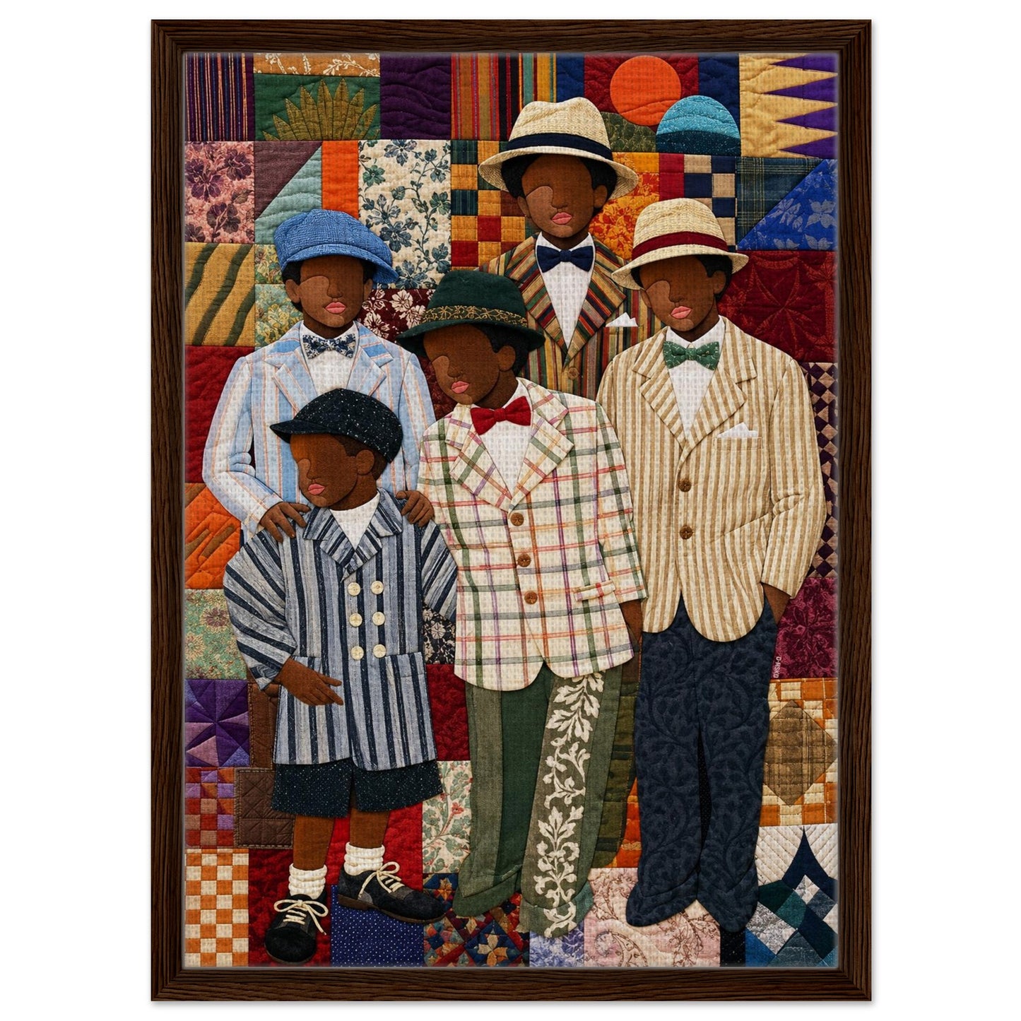 Framed Canvas, Dapper Brothers Black Boys Wall Art, Quilted-Style Vintage canvas