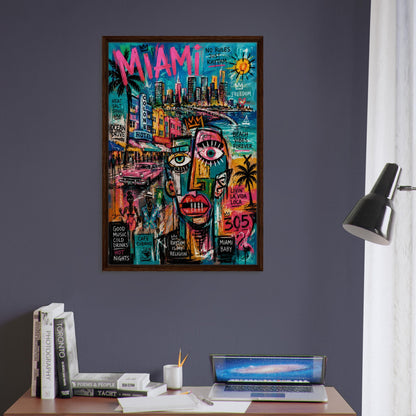 Miami Rhythm 305 Framed Canvas Neon-Graffiti Urban-Pop - Neo-Pop Style