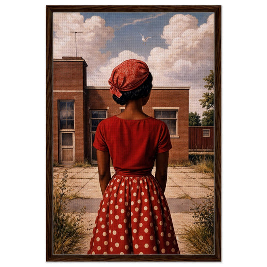 Dark-wood framed canvas, A Place She Once Knew: woman back portrait at brick facade with seagull sky.