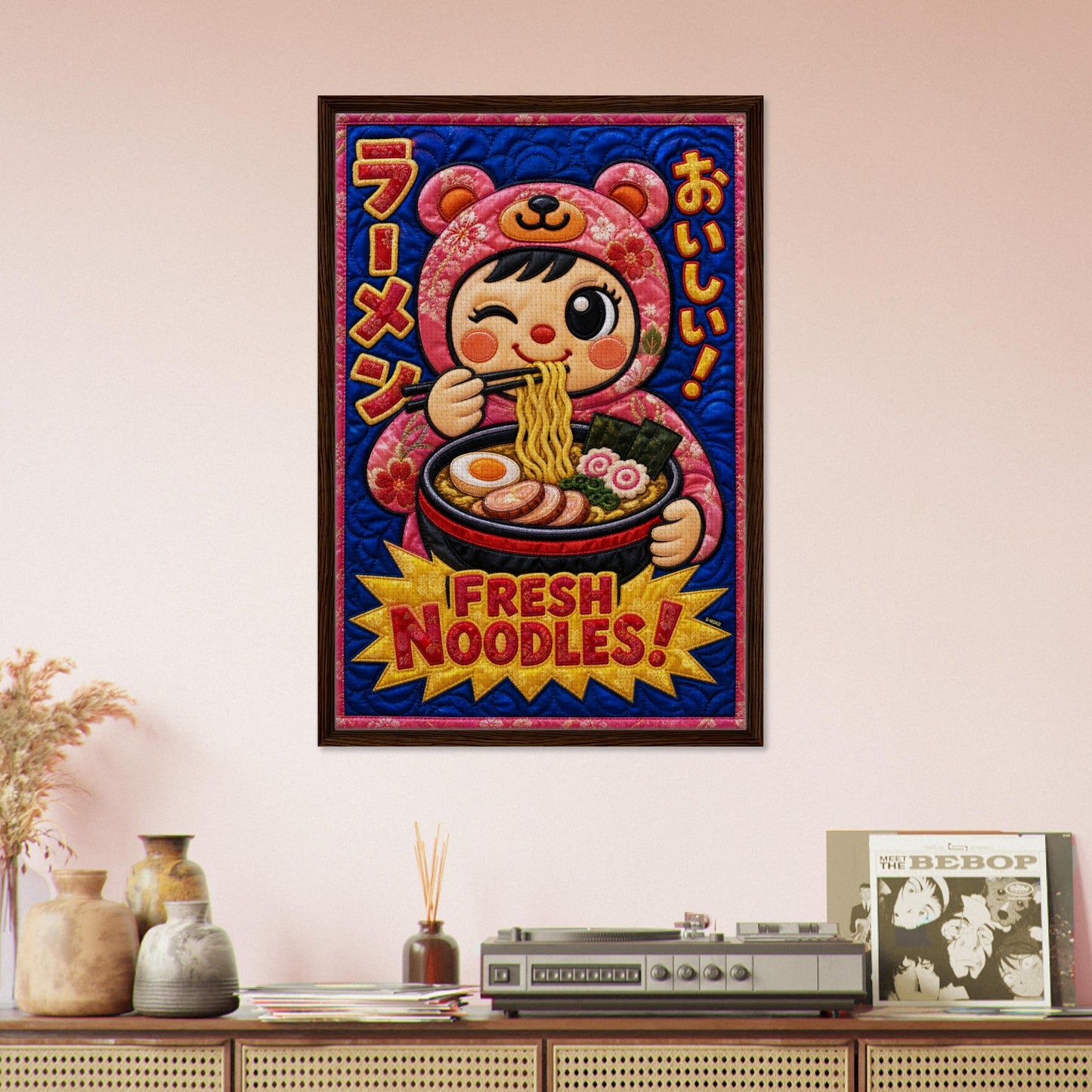 Fresh Noodles Framed Canvas Quilt-Inspired Kawaii-Style