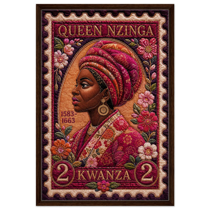 Queen Nzinga framed canvas print, dark wood frame, quilt-inspired floral portrait, vertical, ready to hang
