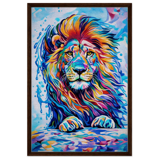 Roar full color black framed lion canvas print in pop-art style, portrait orientation on textured canvas by Damsko Art