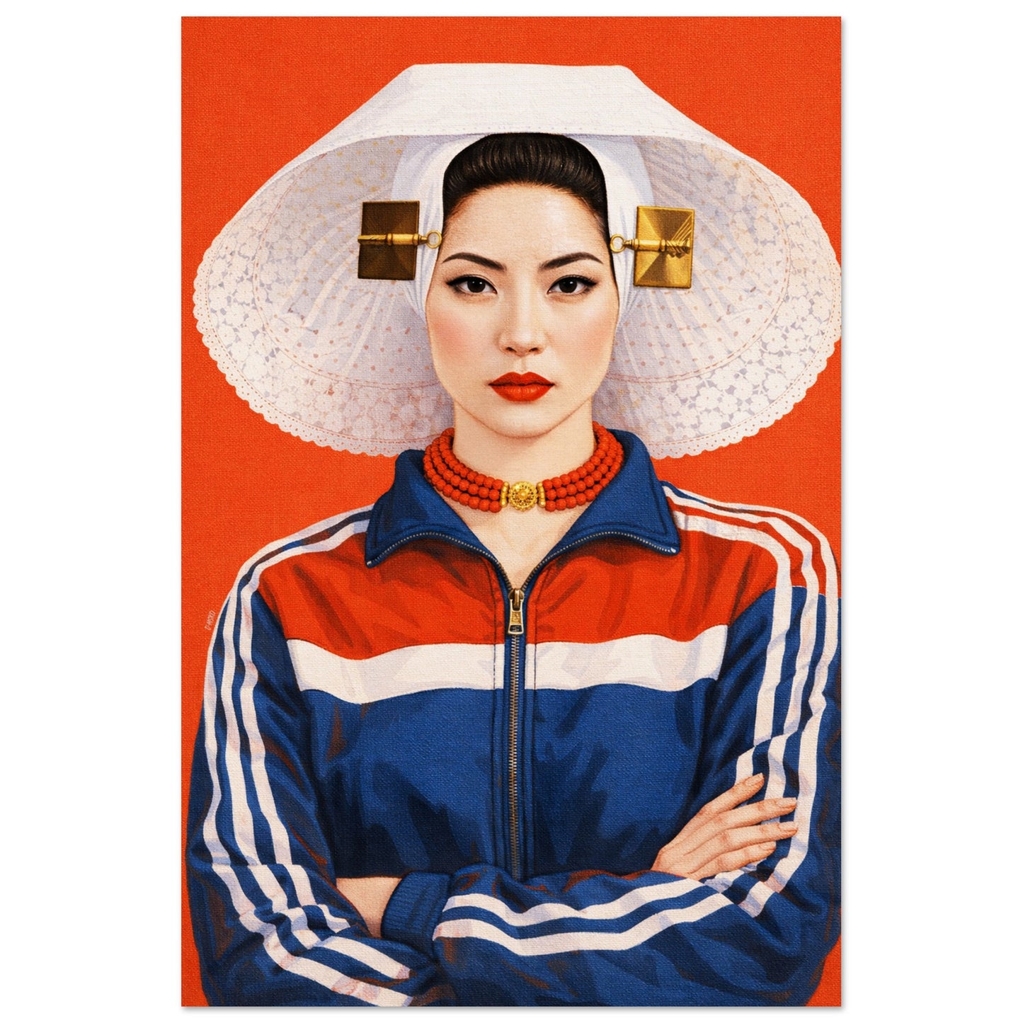 Matte poster of an Asian woman, photo realistic portrait with Zeeland lace bonnet, gold hairpins, red background, pop art
