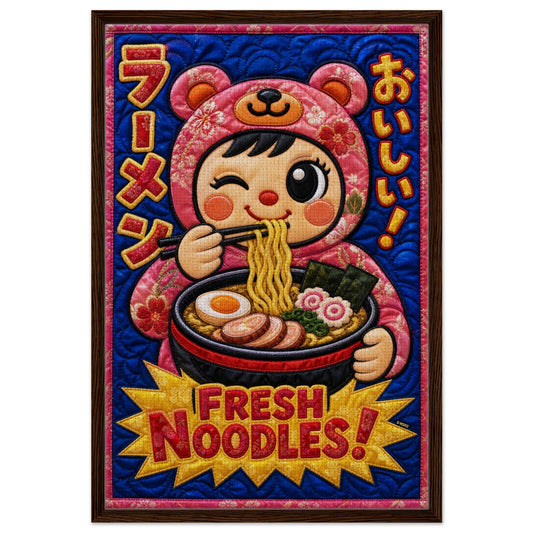 Framed canvas of kawaii ramen character on a blue background, quilt-inspired, pop art style, wood frame, dining wall decor.
