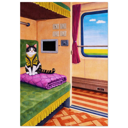 Cat on Train Matte Paper Poster Pop-Art - Mid-Century Travel