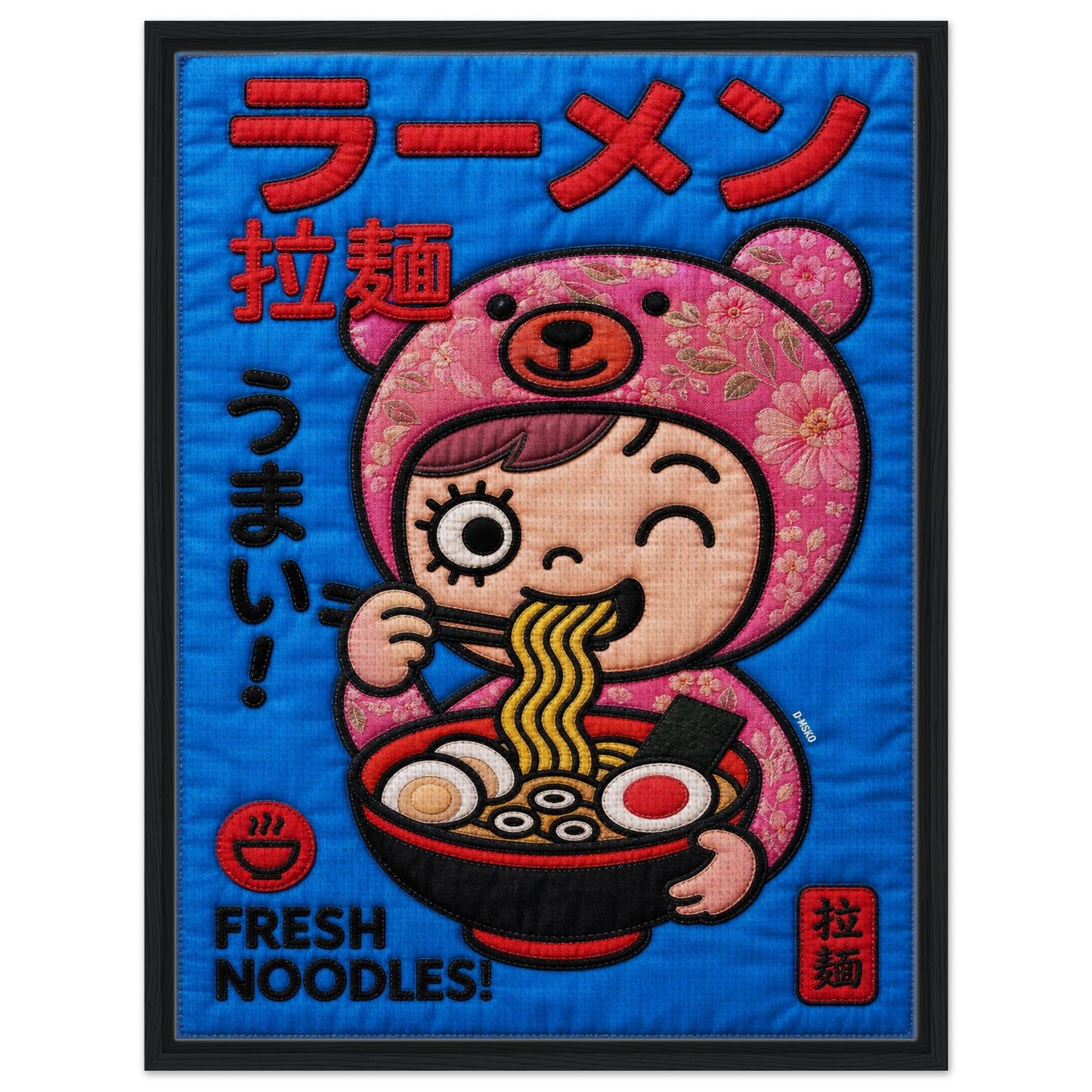Kawaii Ramen Bear Framed Canvas Quilt-Inspired Pop-Art