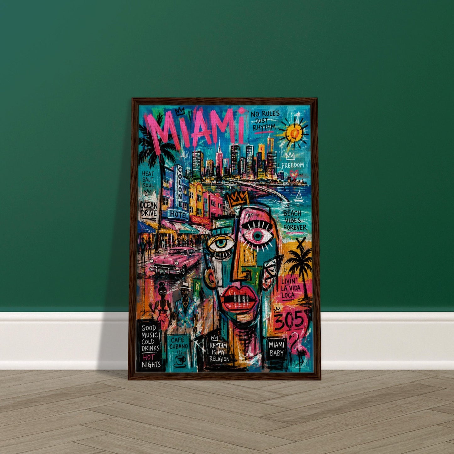 Miami Rhythm 305 Framed Canvas Neon-Graffiti Urban-Pop - Neo-Pop Style