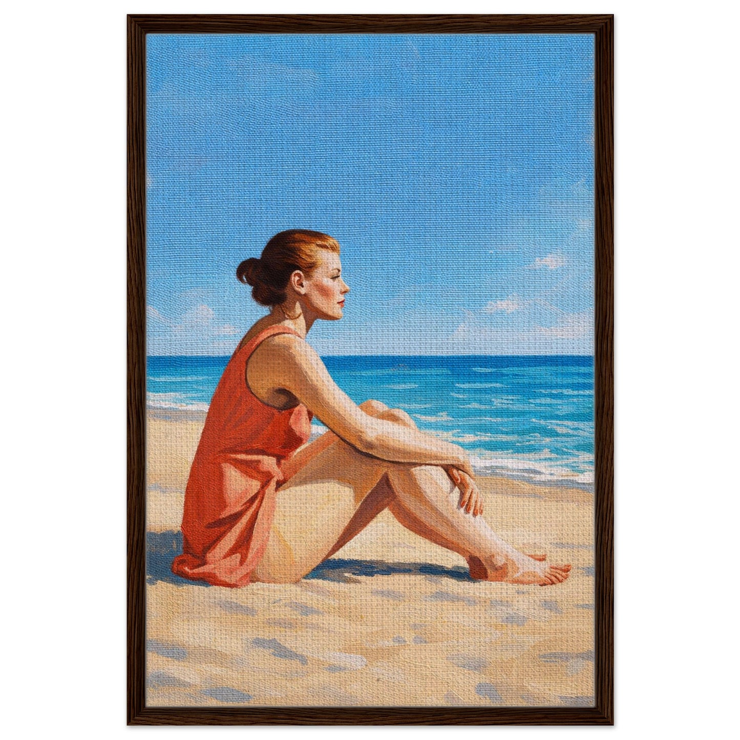 Coastal woman portrait framed canvas, seated at the shoreline in muted beige and blue, impressionist style